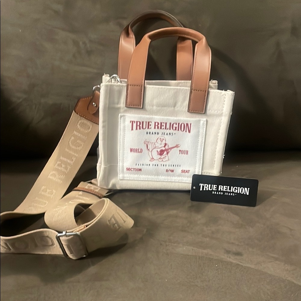 True Religion White and Brown Messenger Bag with Minimalist Design
